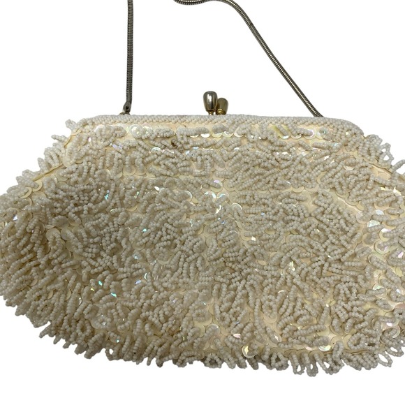 Vintage Beaded Evening Bag Ivory Sequin Gold Satin Interior Wedding Formal 1960s - Picture 2 of 15